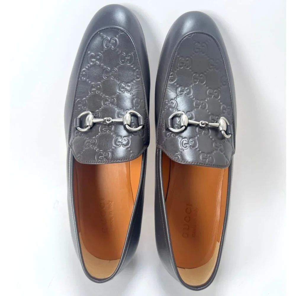 Gucci GG Debossed Leather Men Loafers Horsebit Cocoa Brown Dress Shoes Size IT9